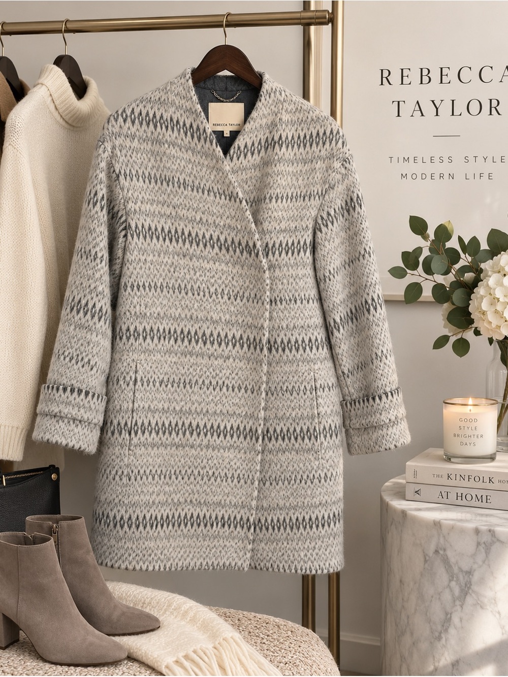 Rebecca Taylor Wool Blend Textured Coat Gray Ivory Size 8